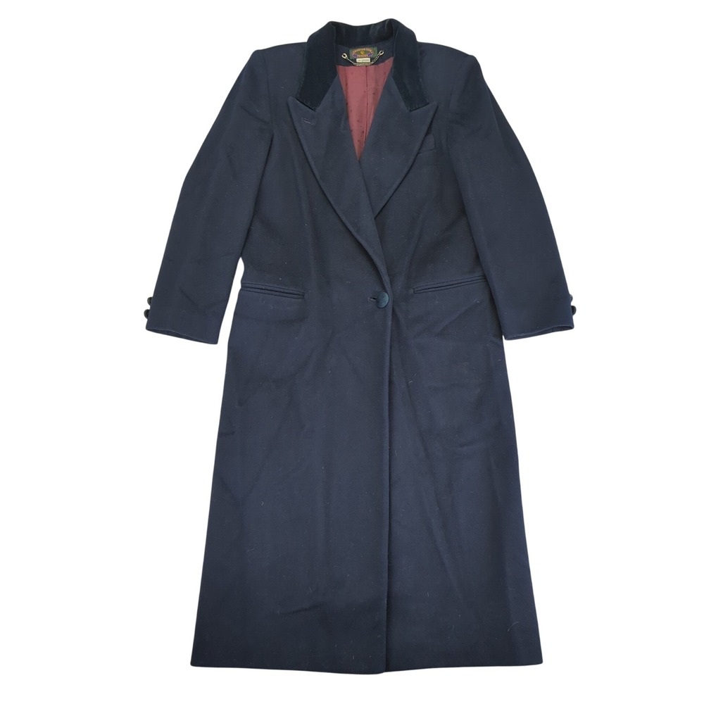 Vtg Charter Navy Blue Wool Long Coat Double Breasted One Button Womens 6 Petite